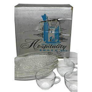 VTG 1950s Federal Glass “Hospitality” Snack Set – 4 Clear Glass Plates & 4 Cups